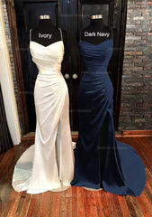 Homecoming Dresses Baby Blue, Sheath/Column V Neck Spaghetti Straps Sweep Train Satin Prom Dress With Pleated Split