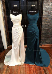 Homecoming Dresses Modest, Sheath/Column V Neck Spaghetti Straps Sweep Train Satin Prom Dress With Pleated Split