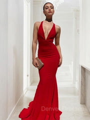 Party Dresses Clubwear, Sheath/Column V-neck Sweep Train Jersey Prom Dresses With Ruffles