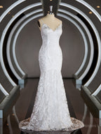 Wedding Dresses Deals, Sheath/Column V-neck Sweep Train Lace Wedding Dresses with Appliques Lace
