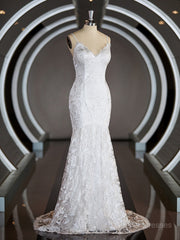 Wedding Dresses Deals, Sheath/Column V-neck Sweep Train Lace Wedding Dresses with Appliques Lace