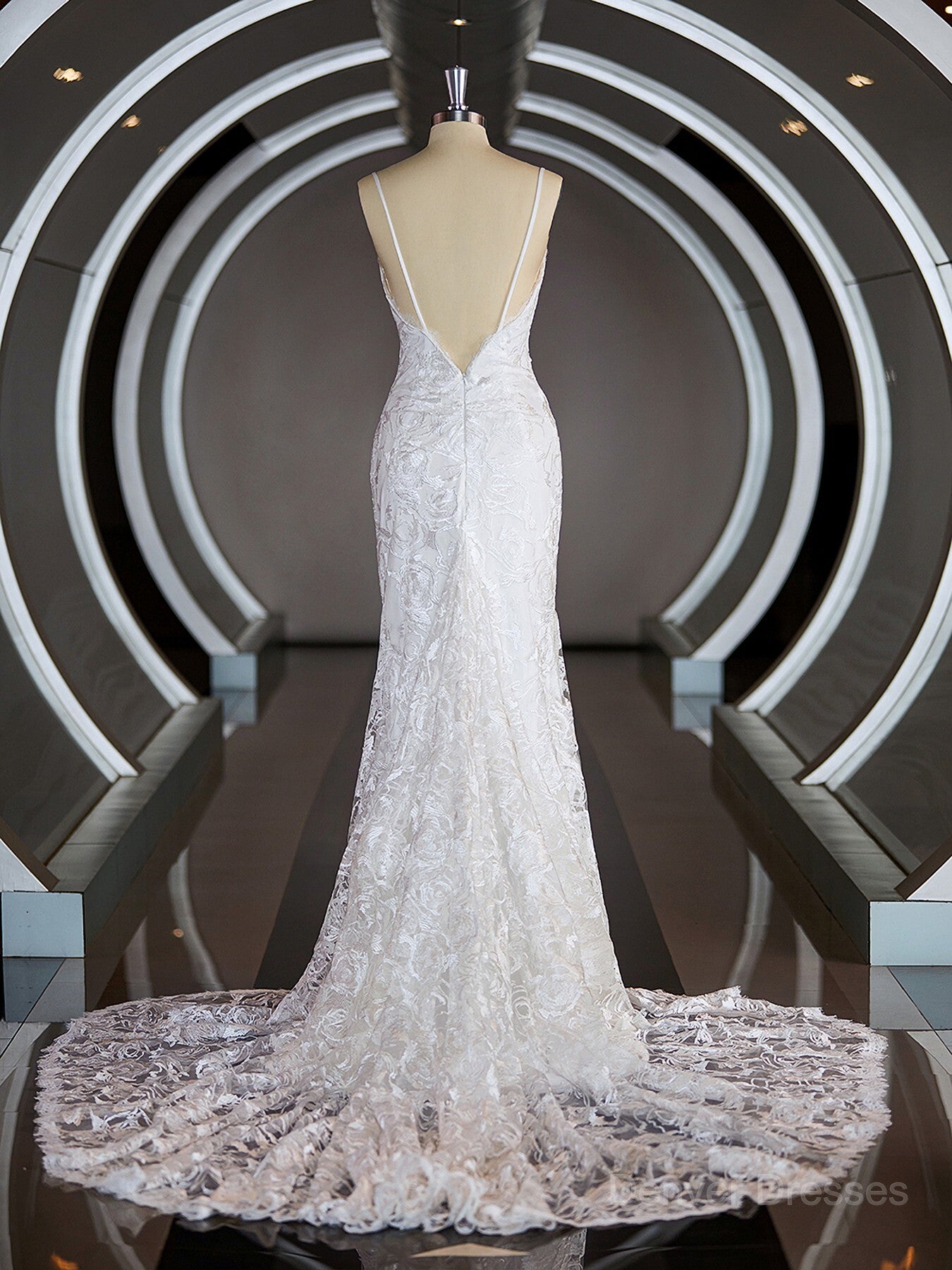 Wedding Dress Sales, Sheath/Column V-neck Sweep Train Lace Wedding Dresses with Appliques Lace