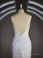 Wedding Dresses Sales, Sheath/Column V-neck Sweep Train Lace Wedding Dresses with Appliques Lace