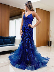Prom Dresses Boutique, Sheath/Column V-neck Sweep Train Prom Dresses With Appliques Lace