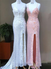 Party Dresses Night Out, Sheath/Column V-neck Sweep Train Sequins Prom Dresses With Leg Slit