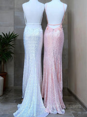Party Dress Ideas For Winter, Sheath/Column V-neck Sweep Train Sequins Prom Dresses With Leg Slit