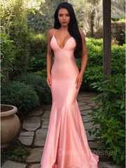 Pink Bridesmaid Dress, Sheath/Column V-neck Sweep Train Silk like Satin Prom Dresses