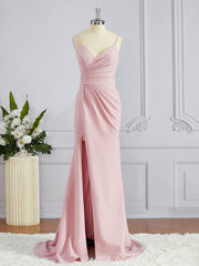 Gown Dress Elegant, Sheath/Column V-neck Sweep Train Stretch Crepe Bridesmaid Dresses with Leg Slit