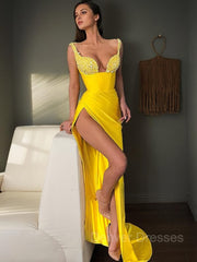 Prom Dress 2040, Sheath/Column V-neck Sweep Train Stretch Crepe Prom Dresses With Leg Slit