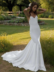 Wedding Dresses 2027, Sheath/Column V-neck Sweep Train Stretch Crepe Wedding Dresses