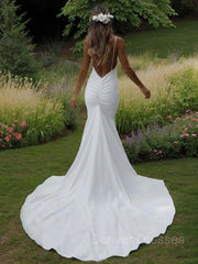 Wedding Dress Simpl, Sheath/Column V-neck Sweep Train Stretch Crepe Wedding Dresses