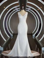 Wedding Dress Styles 2027, Sheath/Column V-neck Sweep Train Stretch Crepe Wedding Dresses with Ruffles