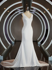 Wedding Dress Style 2027, Sheath/Column V-neck Sweep Train Stretch Crepe Wedding Dresses with Ruffles