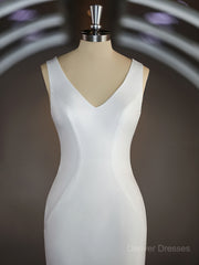 Wedding Dress 2027, Sheath/Column V-neck Sweep Train Stretch Crepe Wedding Dresses with Ruffles