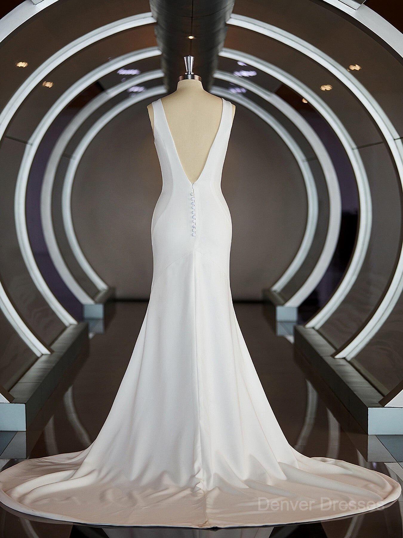 Wedding Dresses For Shorter Brides, Sheath/Column V-neck Sweep Train Stretch Crepe Wedding Dresses with Ruffles