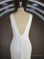 Wedding Dress For Short Brides, Sheath/Column V-neck Sweep Train Stretch Crepe Wedding Dresses with Ruffles