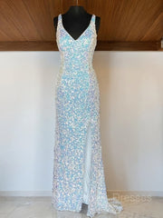 Prom Dresses 2034, Sheath/Column V-neck Sweep Train Velvet Sequins Prom Dresses With Leg Slit