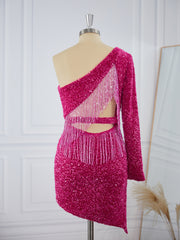 Party Dress Style, Sheath Long Sleeves Velvet Sequins One-Shoulder Short/Mini Dress