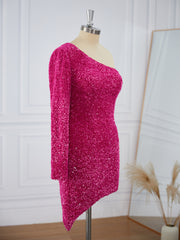 Party Dresses Style, Sheath Long Sleeves Velvet Sequins One-Shoulder Short/Mini Dress