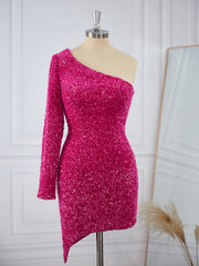 Party Dress Dress, Sheath Long Sleeves Velvet Sequins One-Shoulder Short/Mini Dress
