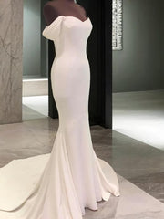 Wedding Dress With Color, Sheath Off-the-Shoulder Short Sleeves Court Train Jersey Wedding Dress