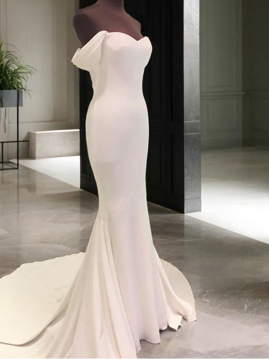 Wedding Dresses With Color, Sheath Off-the-Shoulder Short Sleeves Court Train Jersey Wedding Dress