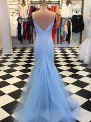 Design Dress Casual, Sheath Spaghetti Straps Light Blue Sequin Prom Dresses