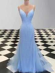 Prom Aesthetic, Sheath Spaghetti Straps Light Blue Sequin Prom Dresses