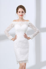 Prom Dresse Backless, Sheath White Lace Off The Shoulder Long Sleeve Prom Dresses