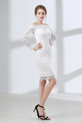 Prom Dresses Curvy, Sheath White Lace Off The Shoulder Long Sleeve Prom Dresses