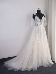 Wedding Dress Satin, Shinny Long A-Line V-Neck Backless Sequins Wedding Dresses
