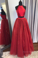 Bridesmaid Dress 2061, Shiny 2 Pieces Halter Neck Red Long Prom Dress, Two Pieces Red Formal Graduation Evening Dress