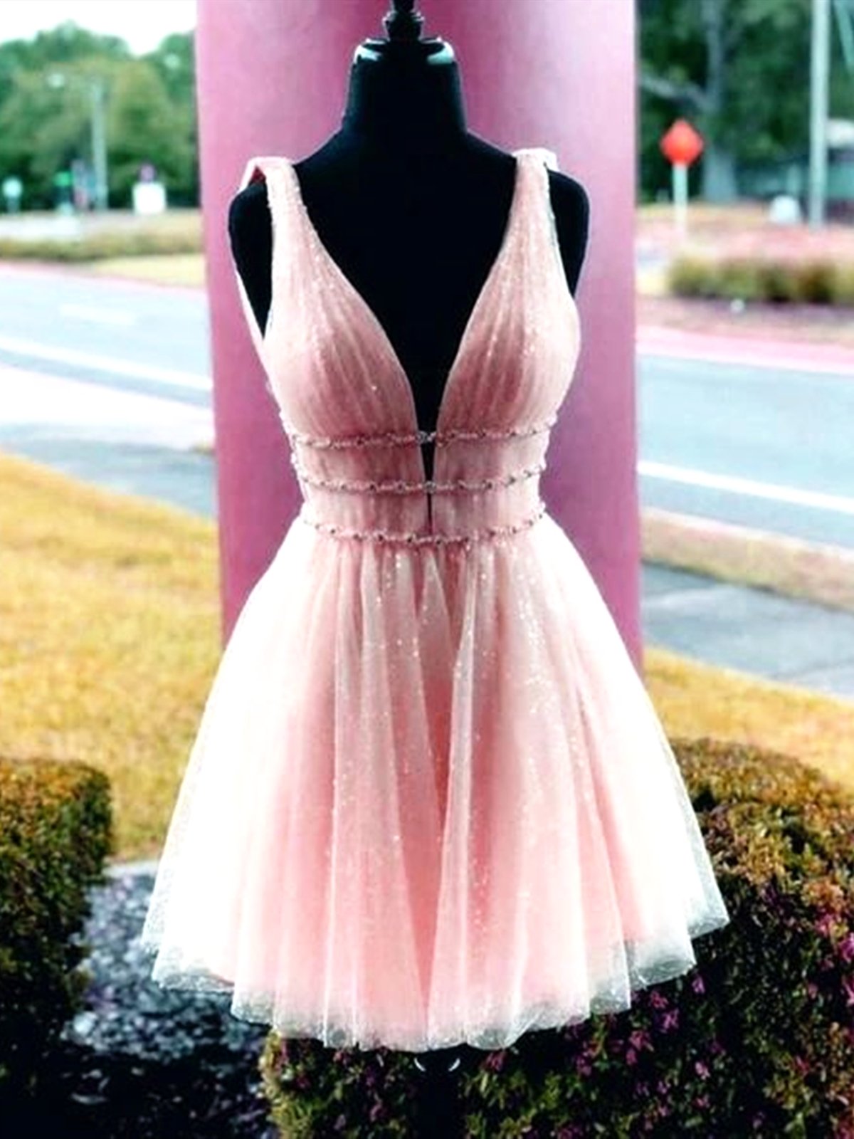 Party Dress Quick, Shiny A Line V Neck Short Pink Prom Dresses, Shiny Short Pink Formal Homecoming Dresses