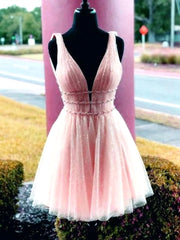 Party Dress Quick, Shiny A Line V Neck Short Pink Prom Dresses, Shiny Short Pink Formal Homecoming Dresses