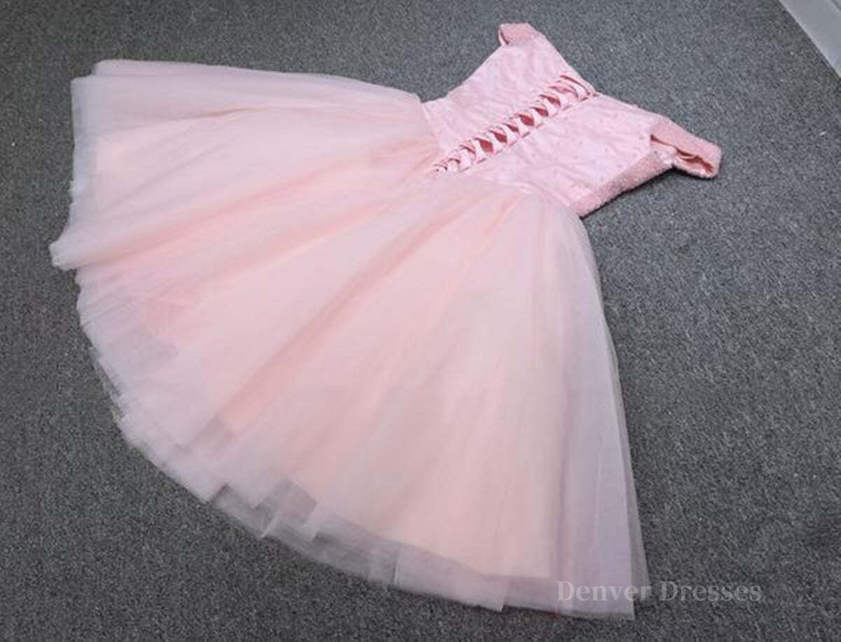 Bridesmaid Gown, Shiny Beadings Off the Shoulder Pink Short Homecoming Prom Dress, Off Shoulder Pink Beaded Formal Graduation Evening Dress
