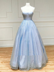 Formal Dresses Floral, Shiny Blue Long Prom Dresses, Shiny Blue Formal Evening Dresses