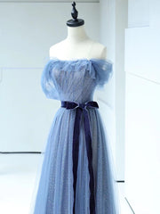 Dinner Outfit, Shiny Off the Shoulder Blue Tulle Prom Dresses, Blue Long Formal Evening Dresses