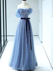 Elegant Dress Classy, Shiny Off the Shoulder Blue Tulle Prom Dresses, Blue Long Formal Evening Dresses