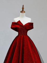 Formal Dress Winter, Shiny Off the Shoulder Burgundy Long Prom Dresses, Wine Red Off Shoulder Formal Evening Dresses