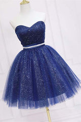 Evening Dresses, Shiny Strapless Sweetheart Neck Blue Short Prom Homecoming Dress with Belt, Sparkly Blue Formal Evening Dress