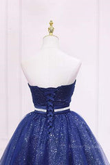Evening Dresses Velvet, Shiny Strapless Sweetheart Neck Blue Short Prom Homecoming Dress with Belt, Sparkly Blue Formal Evening Dress