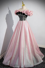 Black Tie Wedding, Shiny Tulle Long A-Line Pink Corset Prom Dress, Off the Shoulder Evening Party Dress