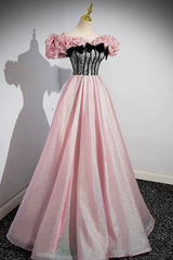 Long Sleeve Dress, Shiny Tulle Long A-Line Pink Corset Prom Dress, Off the Shoulder Evening Party Dress