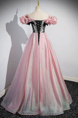 Summer Wedding, Shiny Tulle Long A-Line Pink Corset Prom Dress, Off the Shoulder Evening Party Dress
