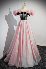 Summer Wedding Color, Shiny Tulle Long A-Line Pink Corset Prom Dress, Off the Shoulder Evening Party Dress