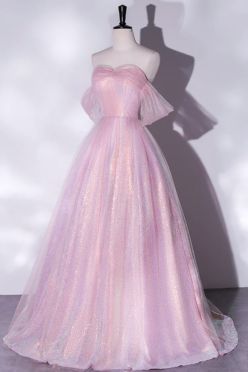 Champagne Prom Dress, Shiny tulle sequins long pink prom dress A-line evening dress