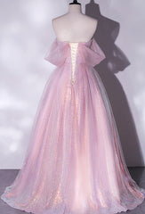 Beauty Dress Design, Shiny tulle sequins long pink prom dress A-line evening dress