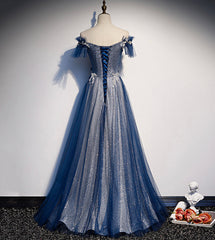 Homecoming Dresses Black Girl, Shiny tulle sequins long prom dress blue evening dress