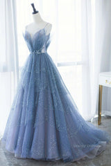 Evening Dresses 3 34 Sleeve, Shiny Tulle V Neck Blue Long Prom Dress, Blue Tulle Formal Evening Dress, Blue Ball Gown