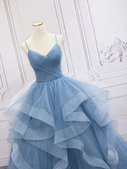 Formal Dress For Beach Wedding, Shiny V Neck Blue Prom Dresses, Shiny V Neck Blue Formal Evening Dresses
